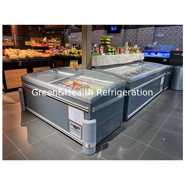 Супермаркеты используют островные холодильники для низкотемпературного хранения замороженных продуктов.