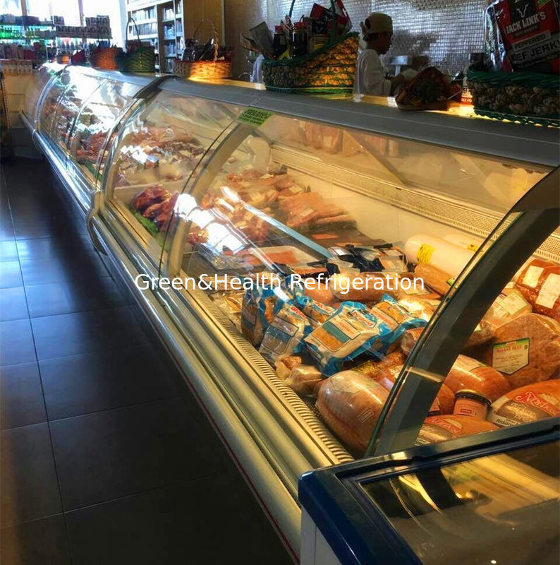 Коммерческий экранный шкаф для мяса с изогнутым стеклом из нержавеющей стали и системой охлаждения вентилятора