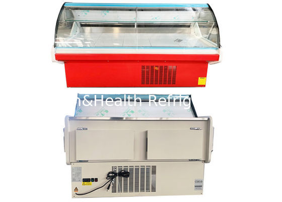 Гастроном R404a 2M показывает изогнутую холодильником стеклянную витрину мяса