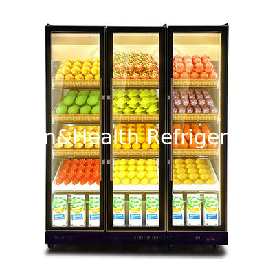 Коммерческий холодильник с тремя стеклянными дверями, несколькими светодиодными лампами и морозильной камерой для напитков